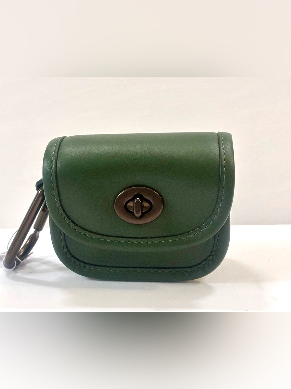Coach Heritage Turnlock Leather Card case Bag Charm Dark Clover Green NWT
